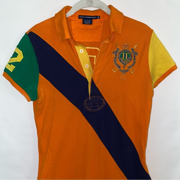 RALPH LAUREN SPORT x Vintage Polo Club Bleecker Dress Y2K Orange Multi M Preppy - Picture 2 of 10